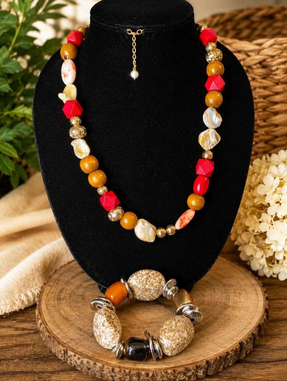 1946 Mixed Media Necklace & Chunky Stretch Bracelet Set Boho Artisan